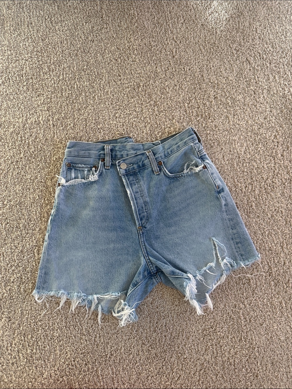 Agolde Asymmetrical Criss Cross High-Rise Distressed Denim Shorts
